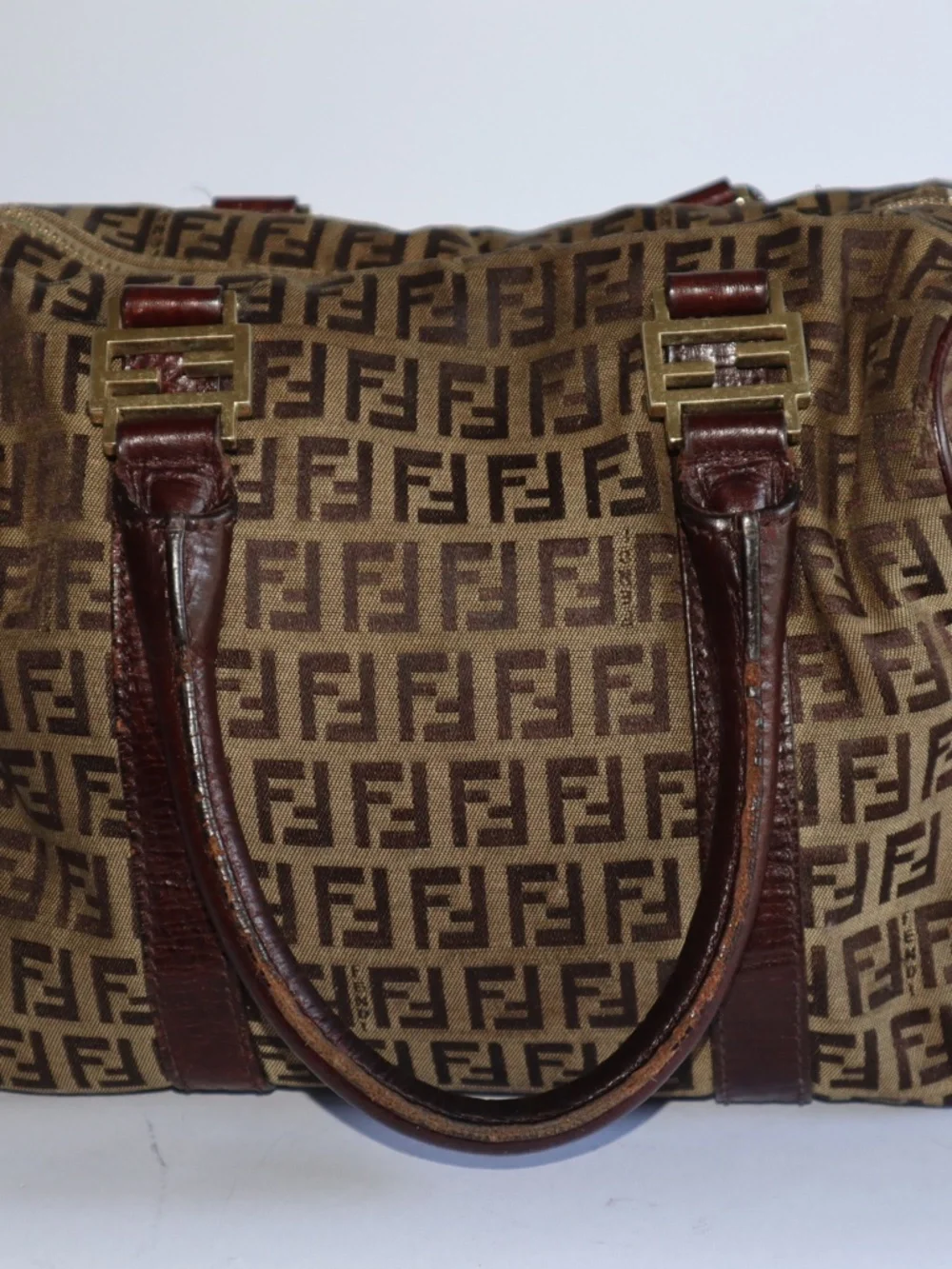 Fendi Zucchino FF Bauletto Vintage Boston Bag Brown